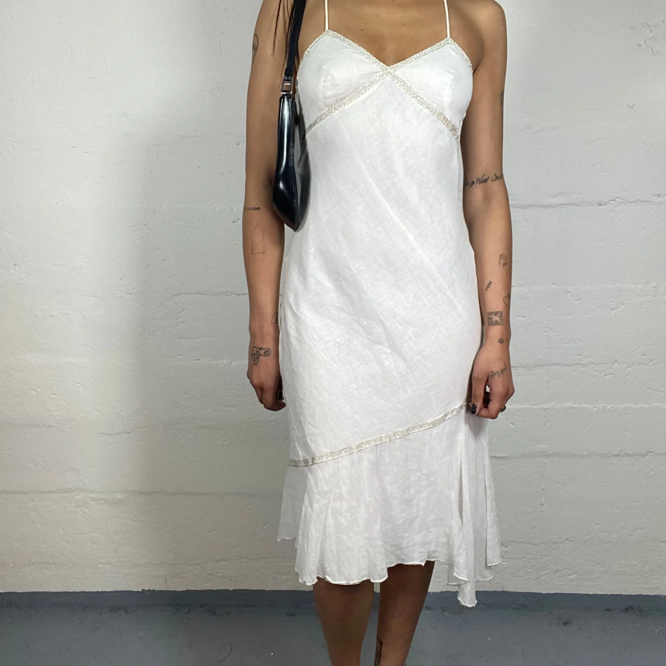 Vintage 2000's Summer Feminine White Flowy Midi Cami Dress with Open Back and Bottom Draping (S)