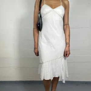 Vintage 2000's Summer Feminine White Flowy Midi Cami Dress with Open Back and Bottom Draping (S)