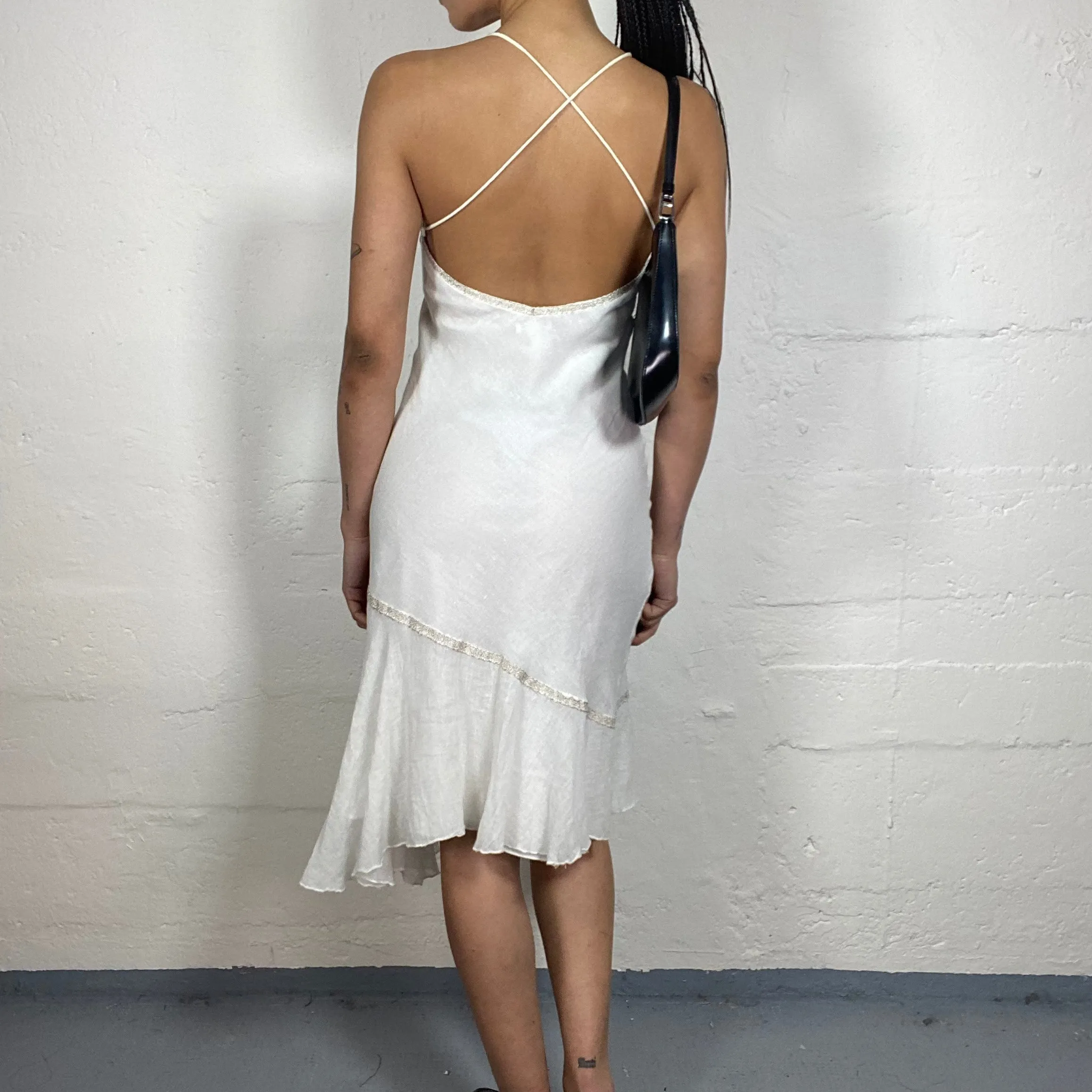 Vintage 2000's Summer Feminine White Flowy Midi Cami Dress with Open Back and Bottom Draping (S)