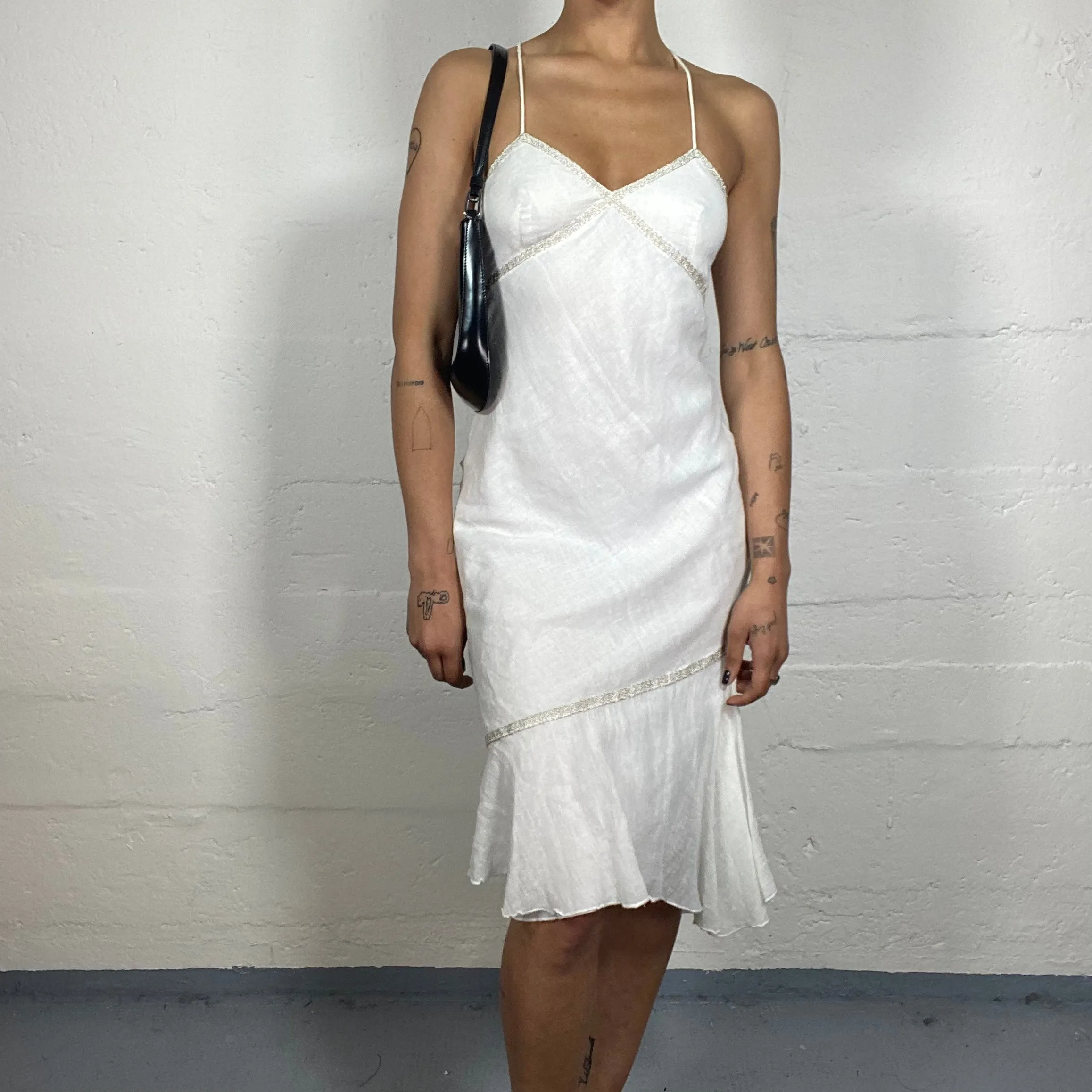 Vintage 2000's Summer Feminine White Flowy Midi Cami Dress with Open Back and Bottom Draping (S)
