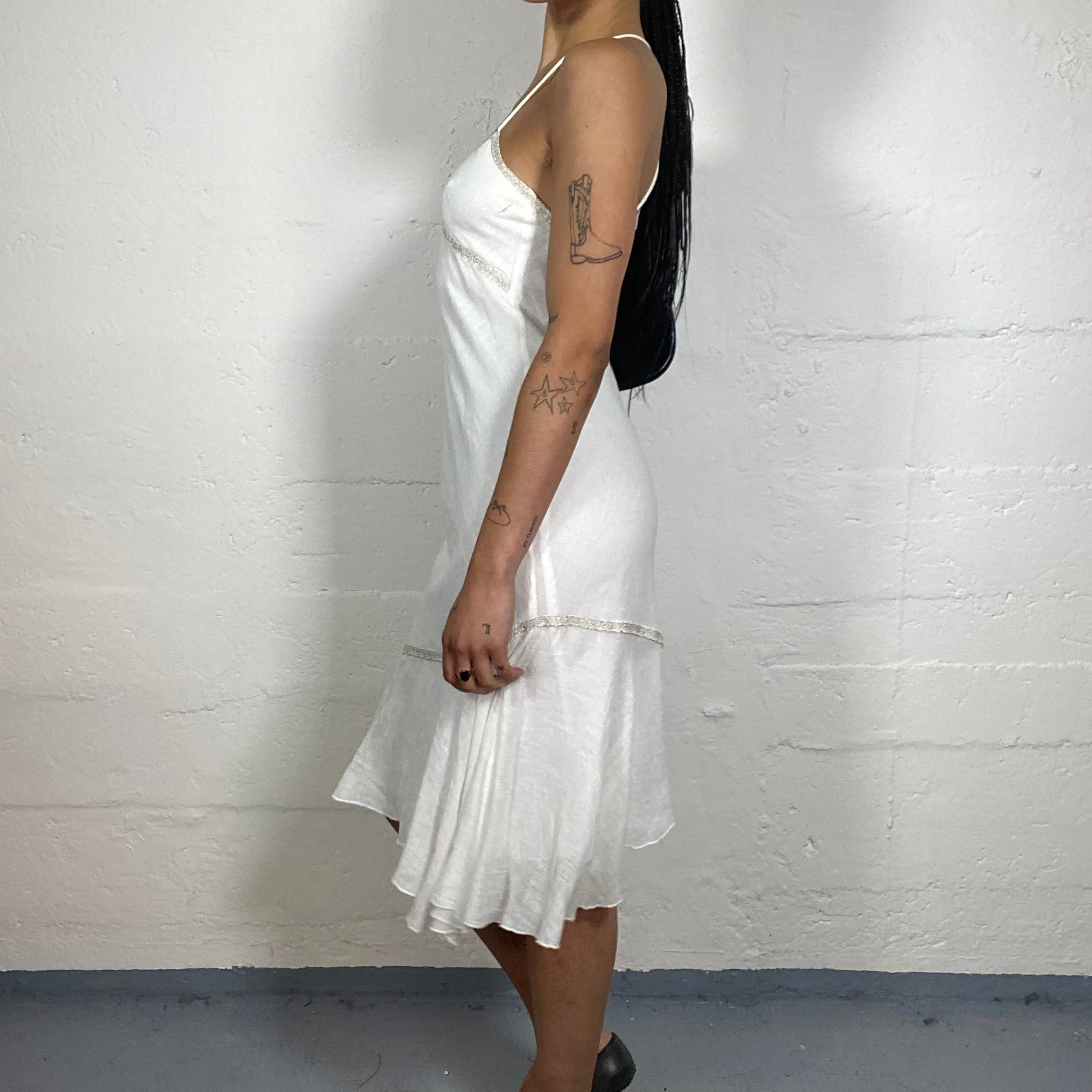 Vintage 2000's Summer Feminine White Flowy Midi Cami Dress with Open Back and Bottom Draping (S)