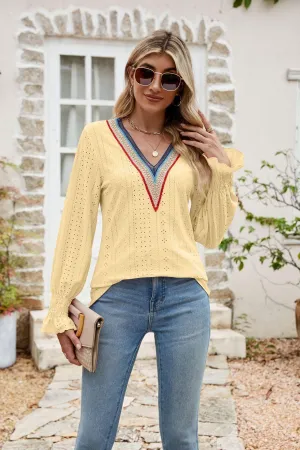 Weekend Chill Eyelet Long Sleeve V Neck Blouse