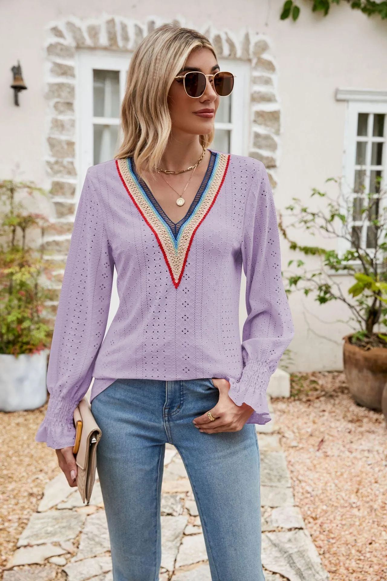 Weekend Chill Eyelet Long Sleeve V Neck Blouse