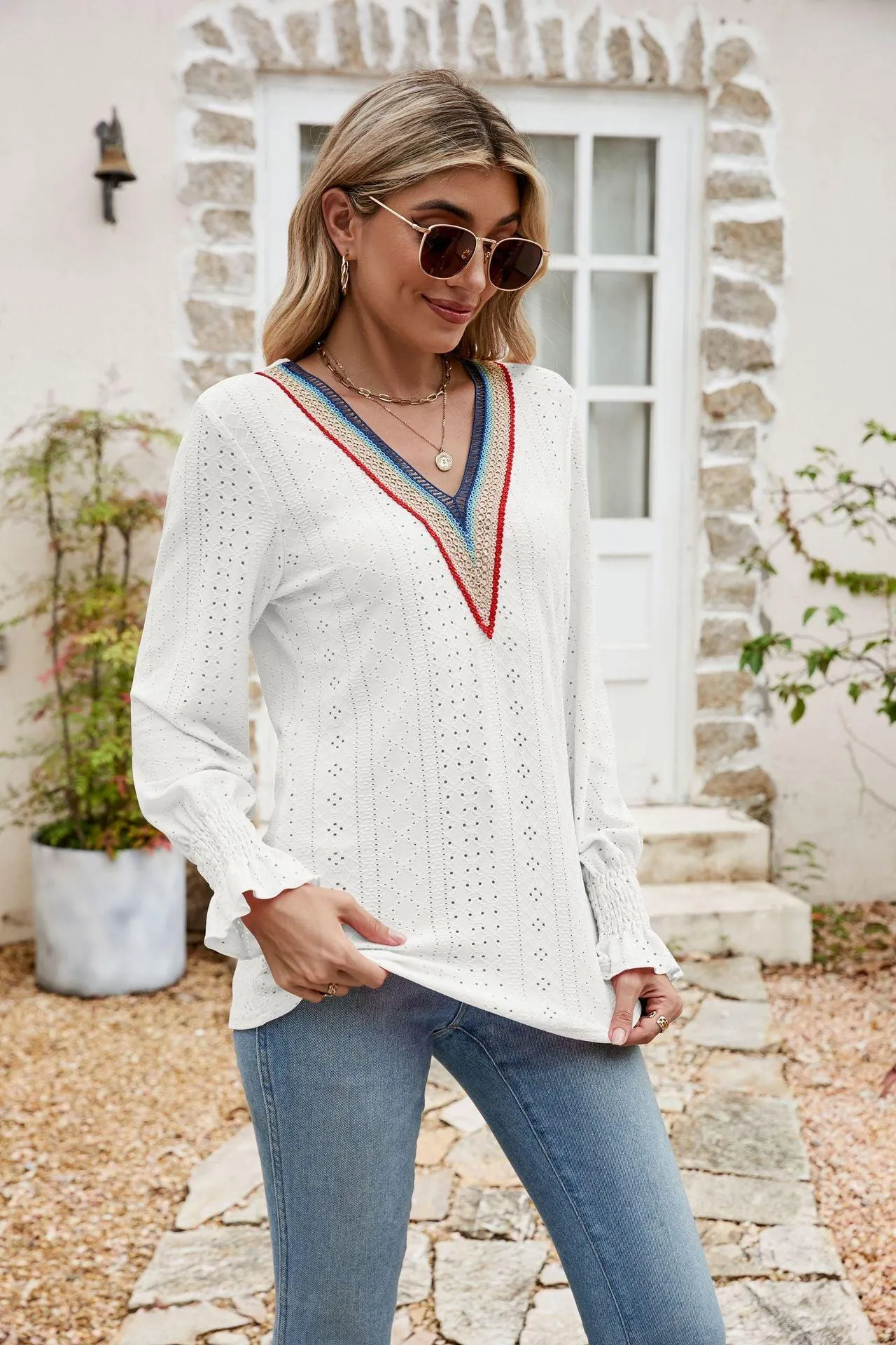Weekend Chill Eyelet Long Sleeve V Neck Blouse