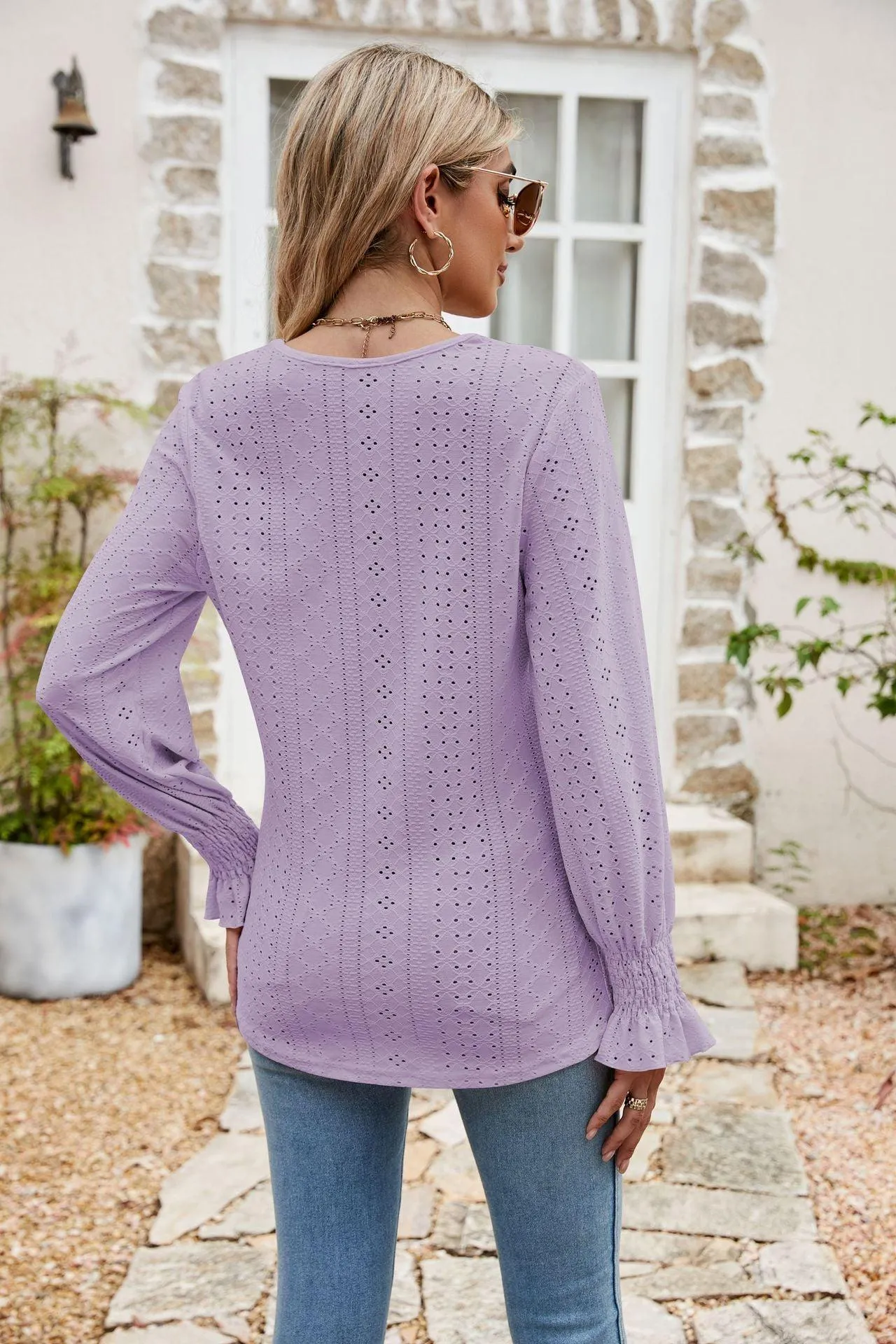 Weekend Chill Eyelet Long Sleeve V Neck Blouse