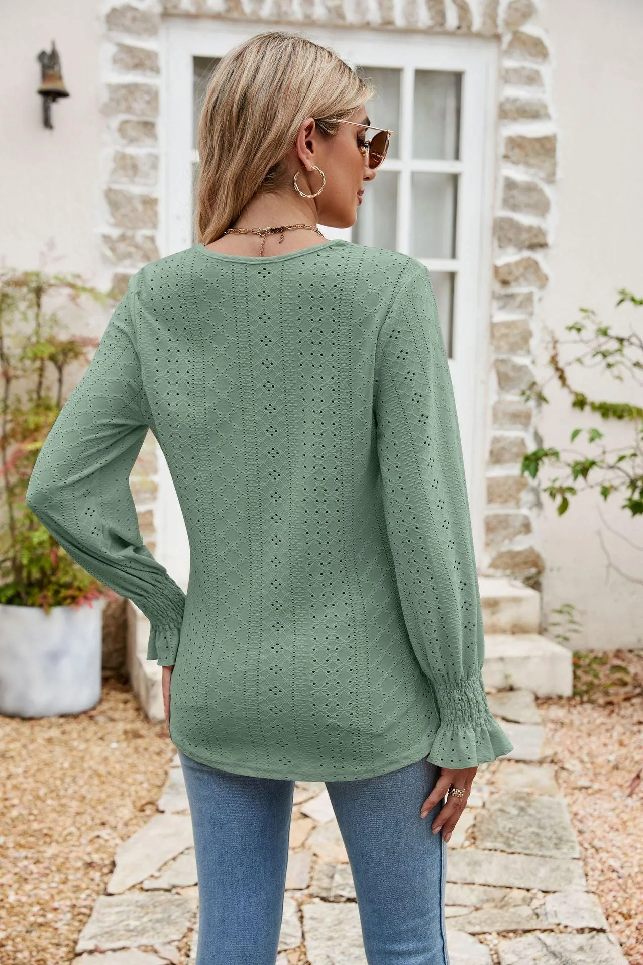Weekend Chill Eyelet Long Sleeve V Neck Blouse
