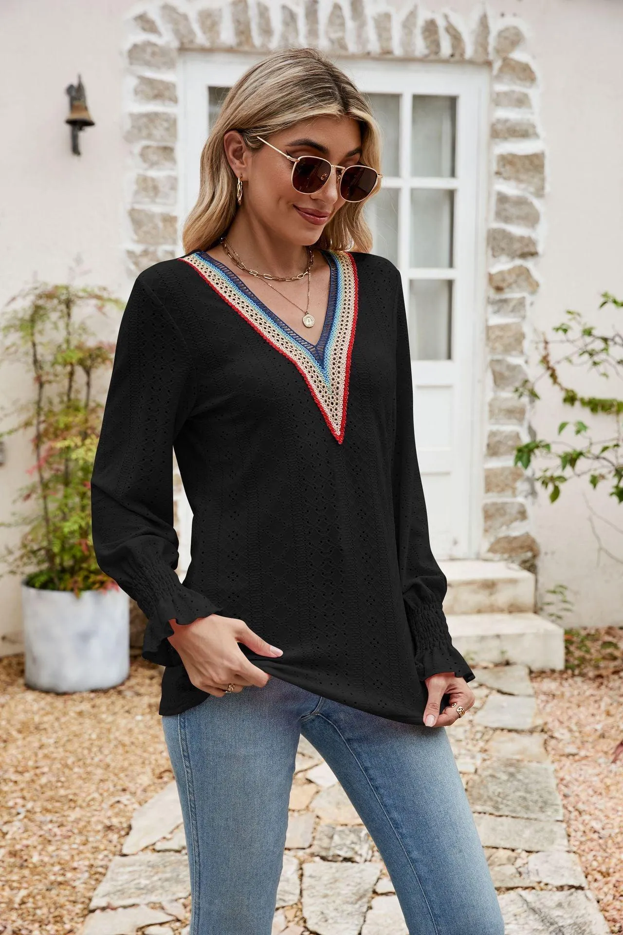 Weekend Chill Eyelet Long Sleeve V Neck Blouse