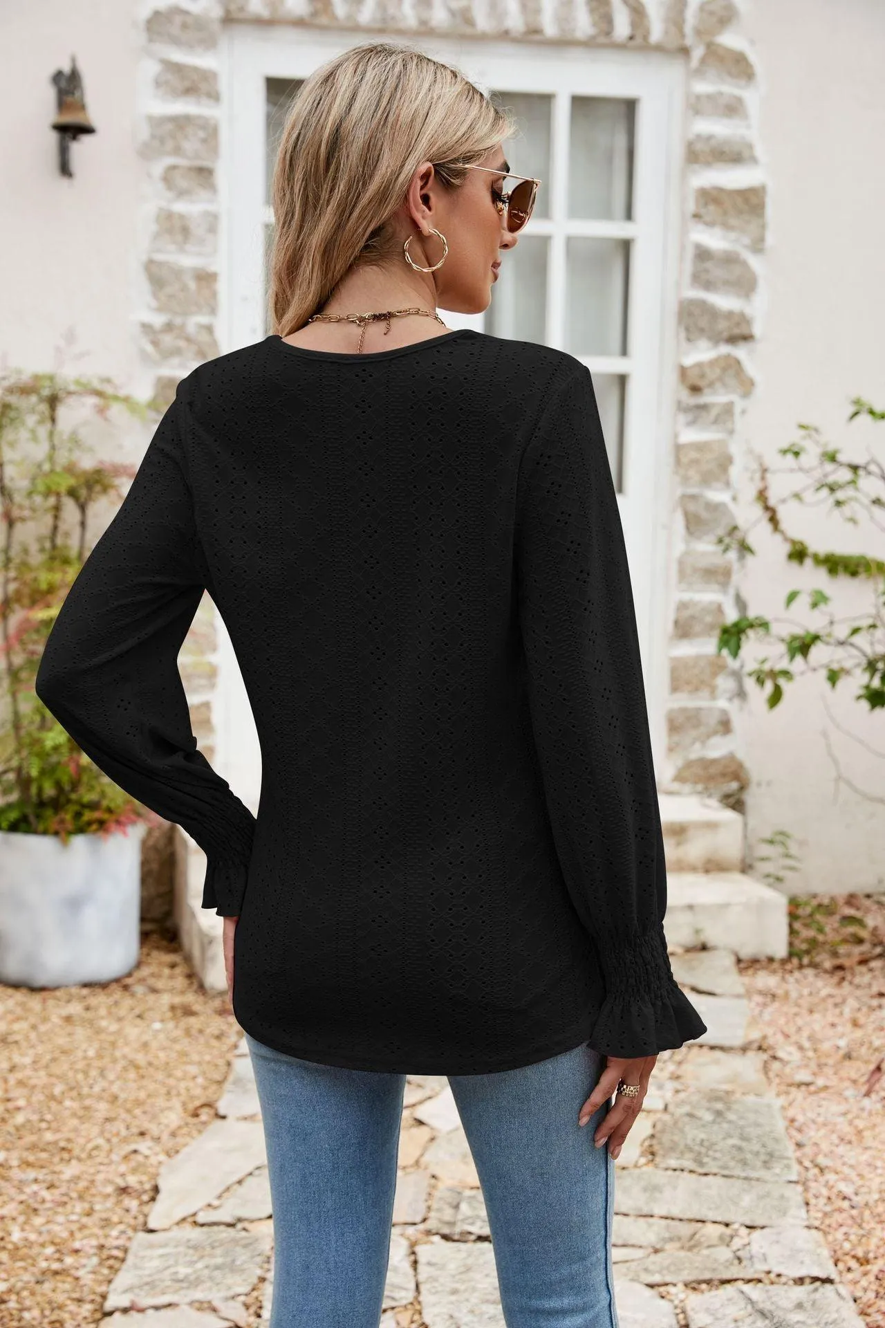 Weekend Chill Eyelet Long Sleeve V Neck Blouse