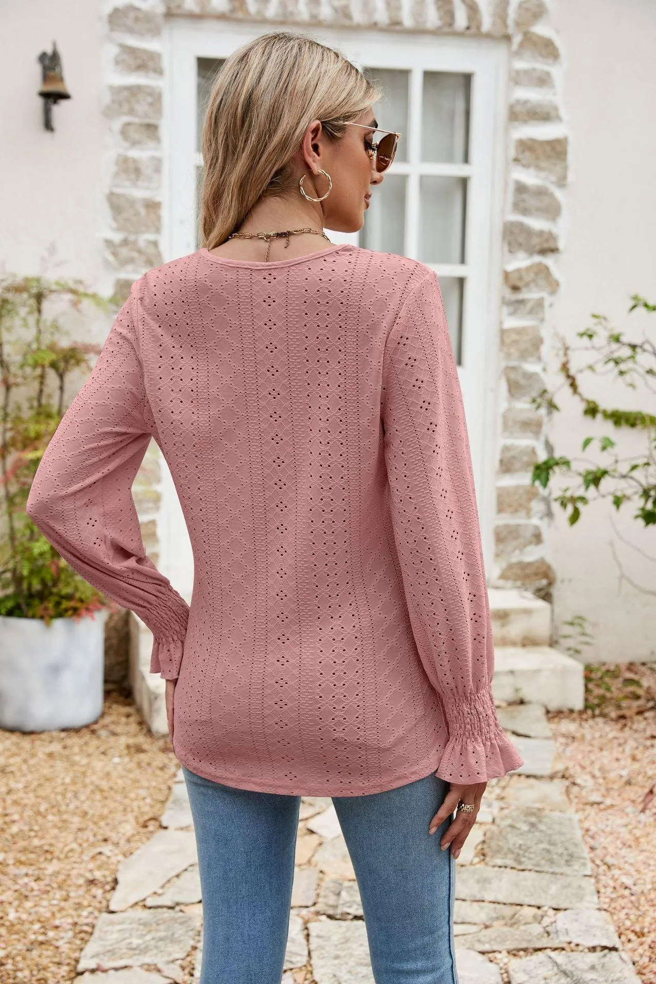 Weekend Chill Eyelet Long Sleeve V Neck Blouse