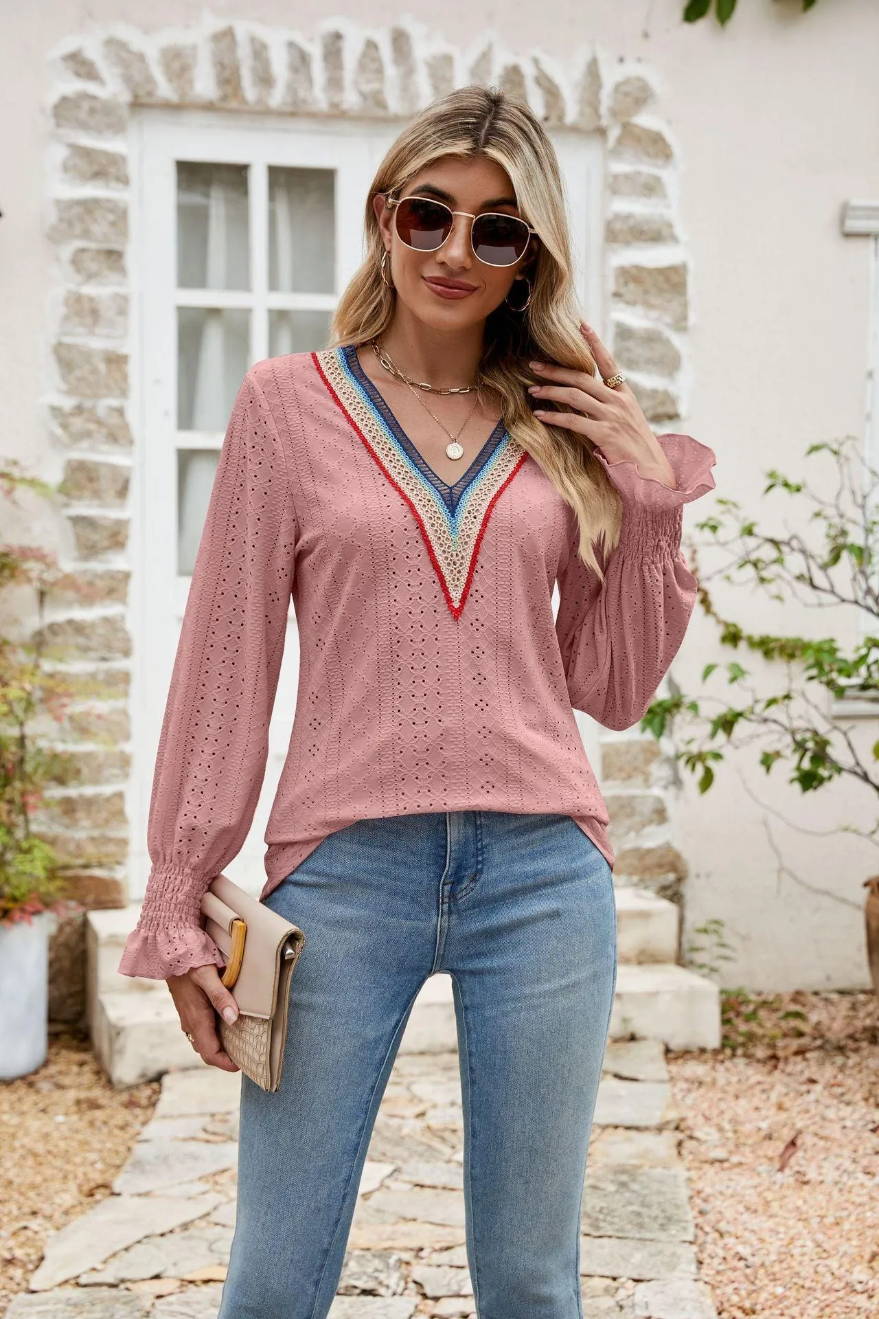 Weekend Chill Eyelet Long Sleeve V Neck Blouse