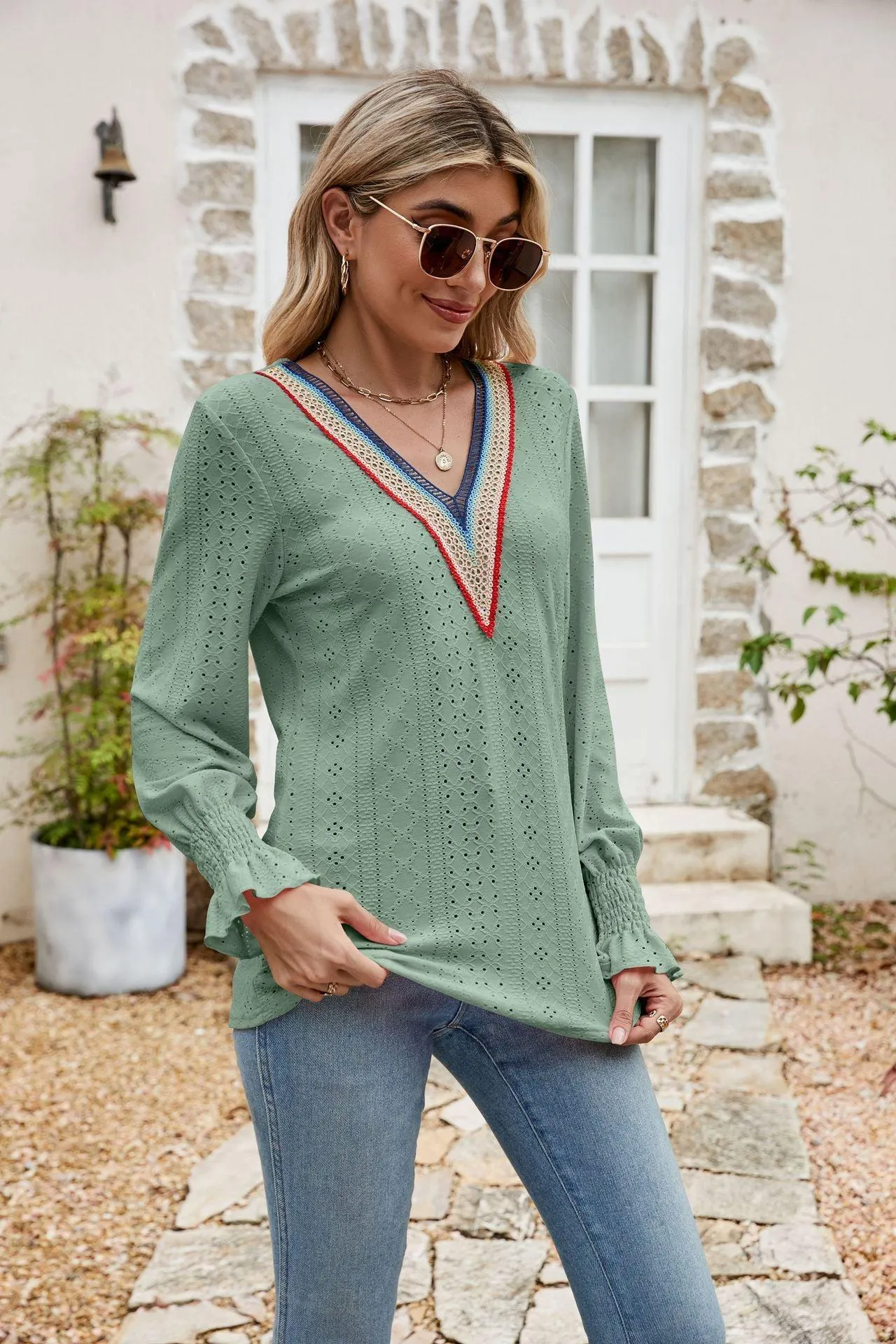 Weekend Chill Eyelet Long Sleeve V Neck Blouse