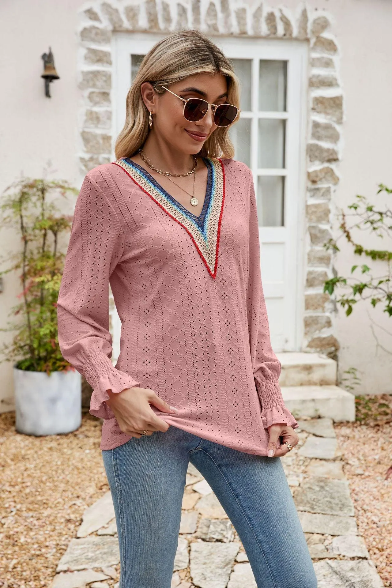 Weekend Chill Eyelet Long Sleeve V Neck Blouse