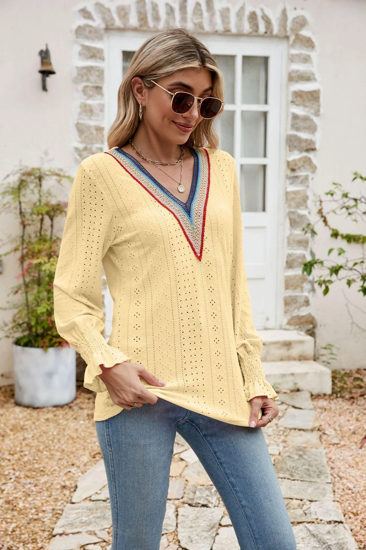 Weekend Chill Eyelet Long Sleeve V Neck Blouse