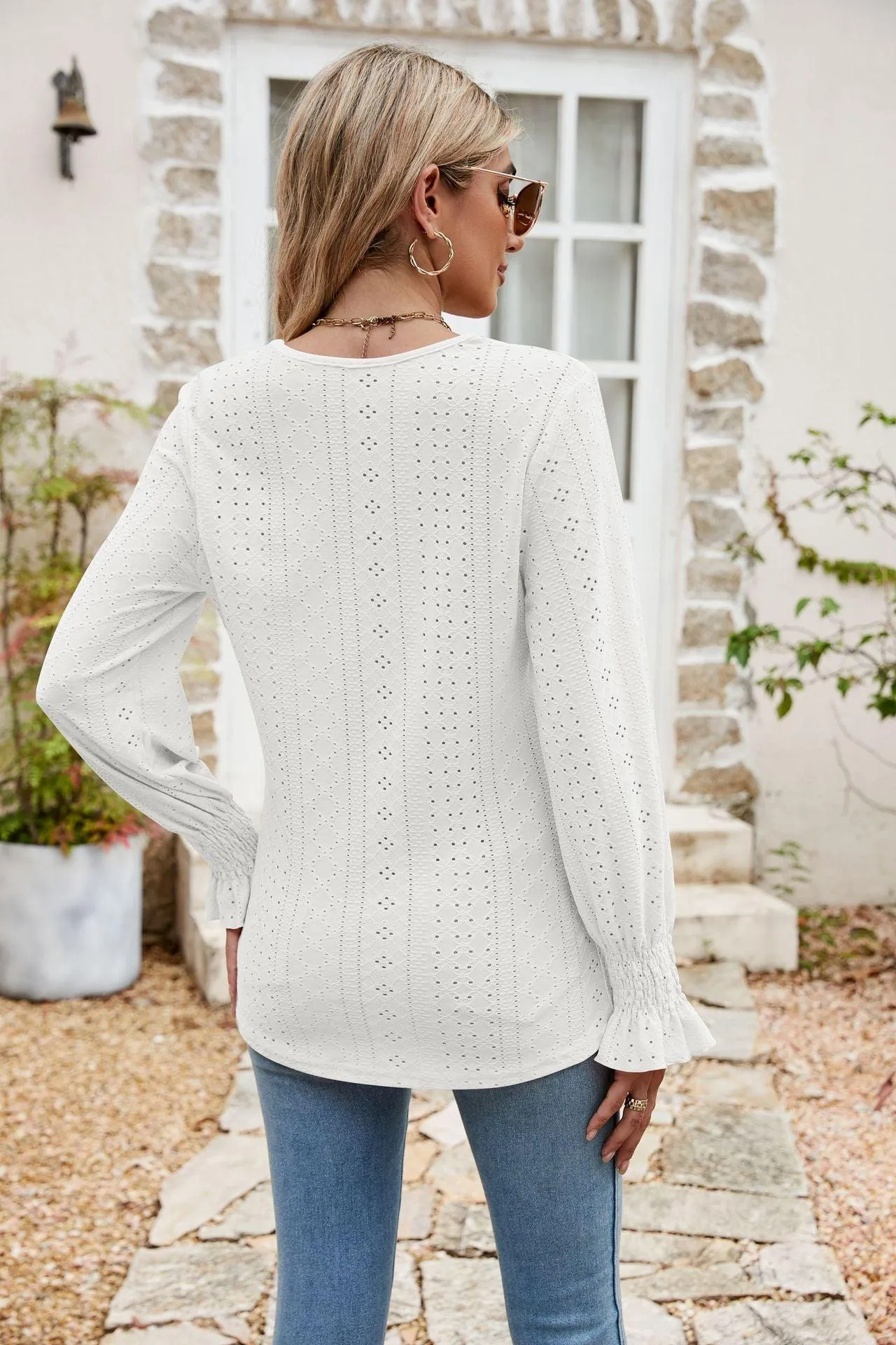 Weekend Chill Eyelet Long Sleeve V Neck Blouse