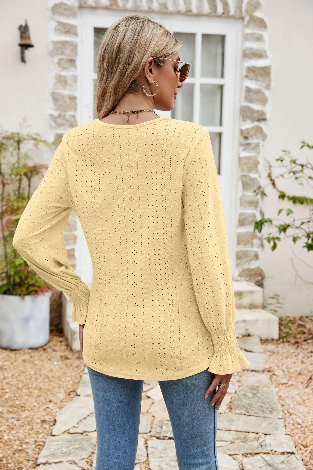 Weekend Chill Eyelet Long Sleeve V Neck Blouse