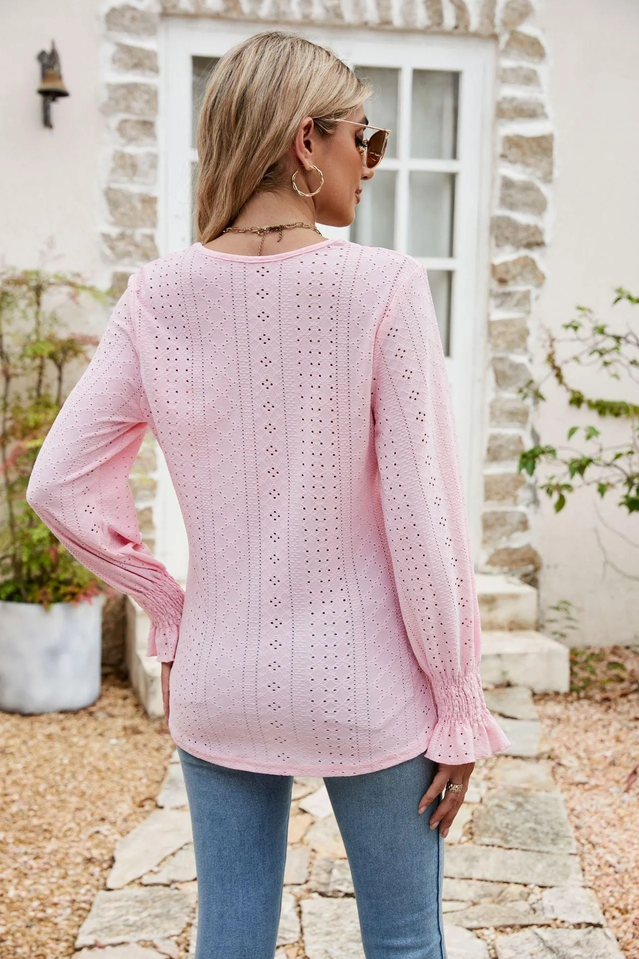 Weekend Chill Eyelet Long Sleeve V Neck Blouse