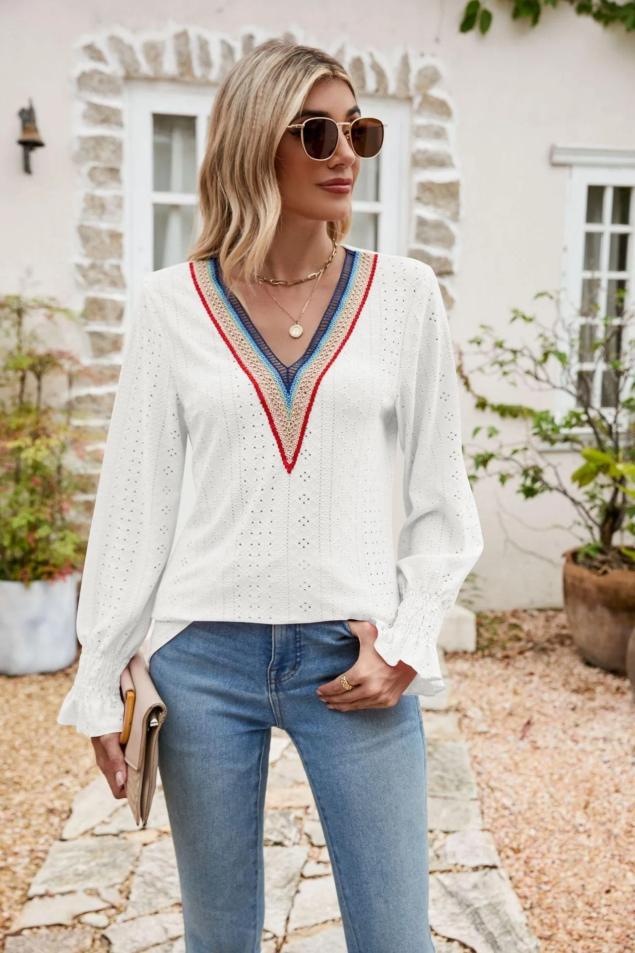 Weekend Chill Eyelet Long Sleeve V Neck Blouse