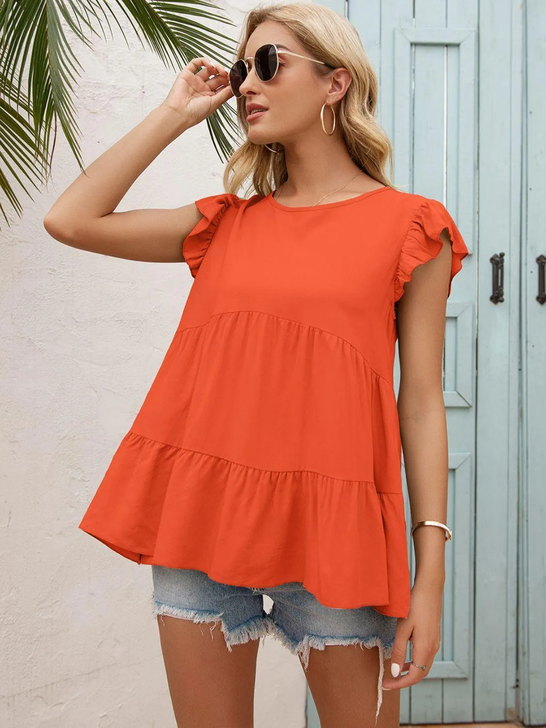 Weekend In Style Flutter Sleeve Tiered Blouse