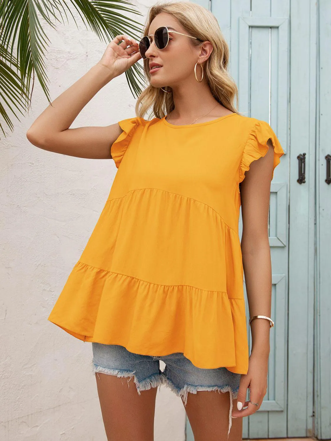 Weekend In Style Flutter Sleeve Tiered Blouse