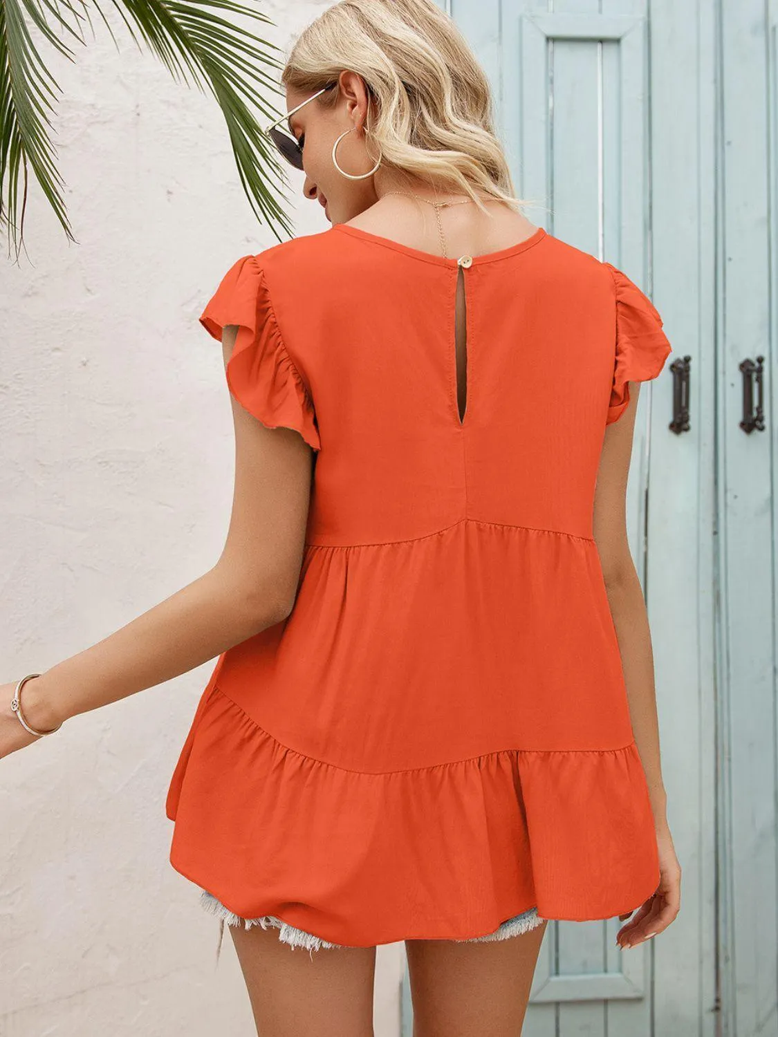Weekend In Style Flutter Sleeve Tiered Blouse
