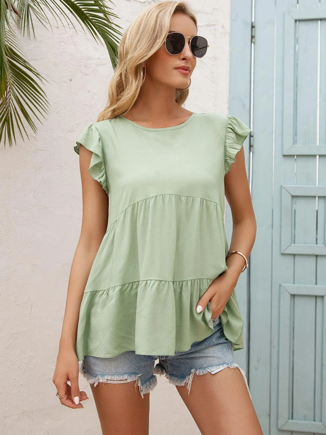 Weekend In Style Flutter Sleeve Tiered Blouse