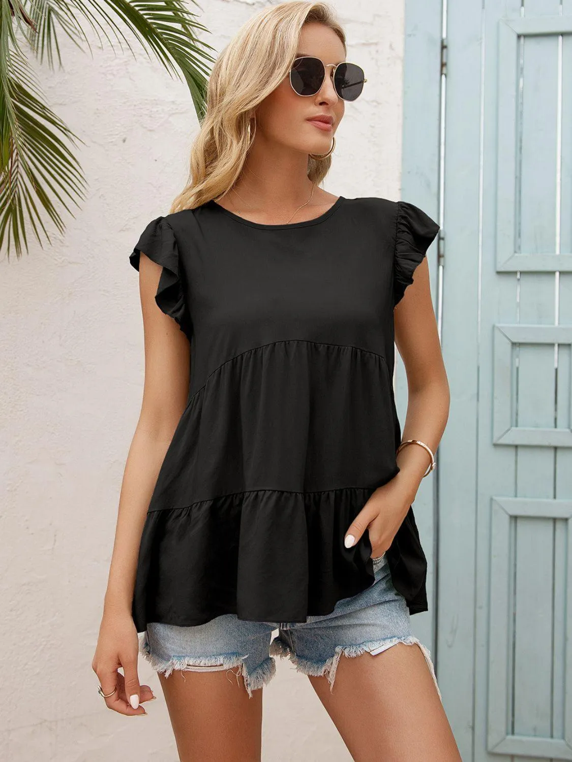 Weekend In Style Flutter Sleeve Tiered Blouse