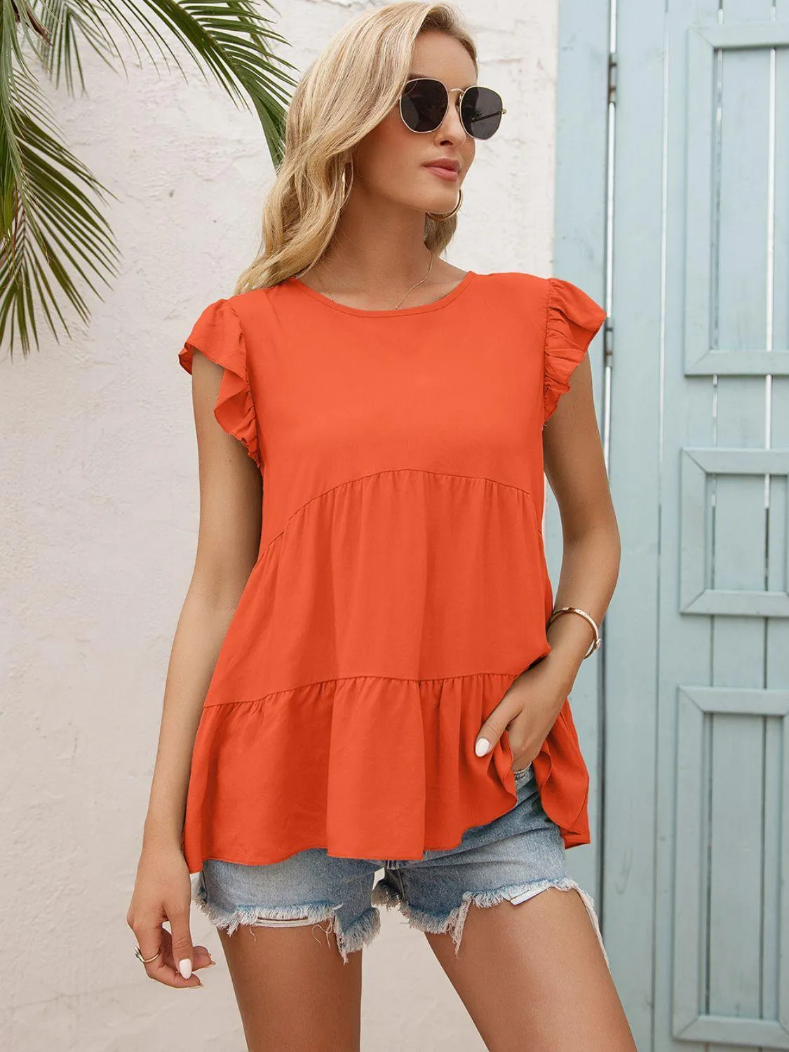 Weekend In Style Flutter Sleeve Tiered Blouse