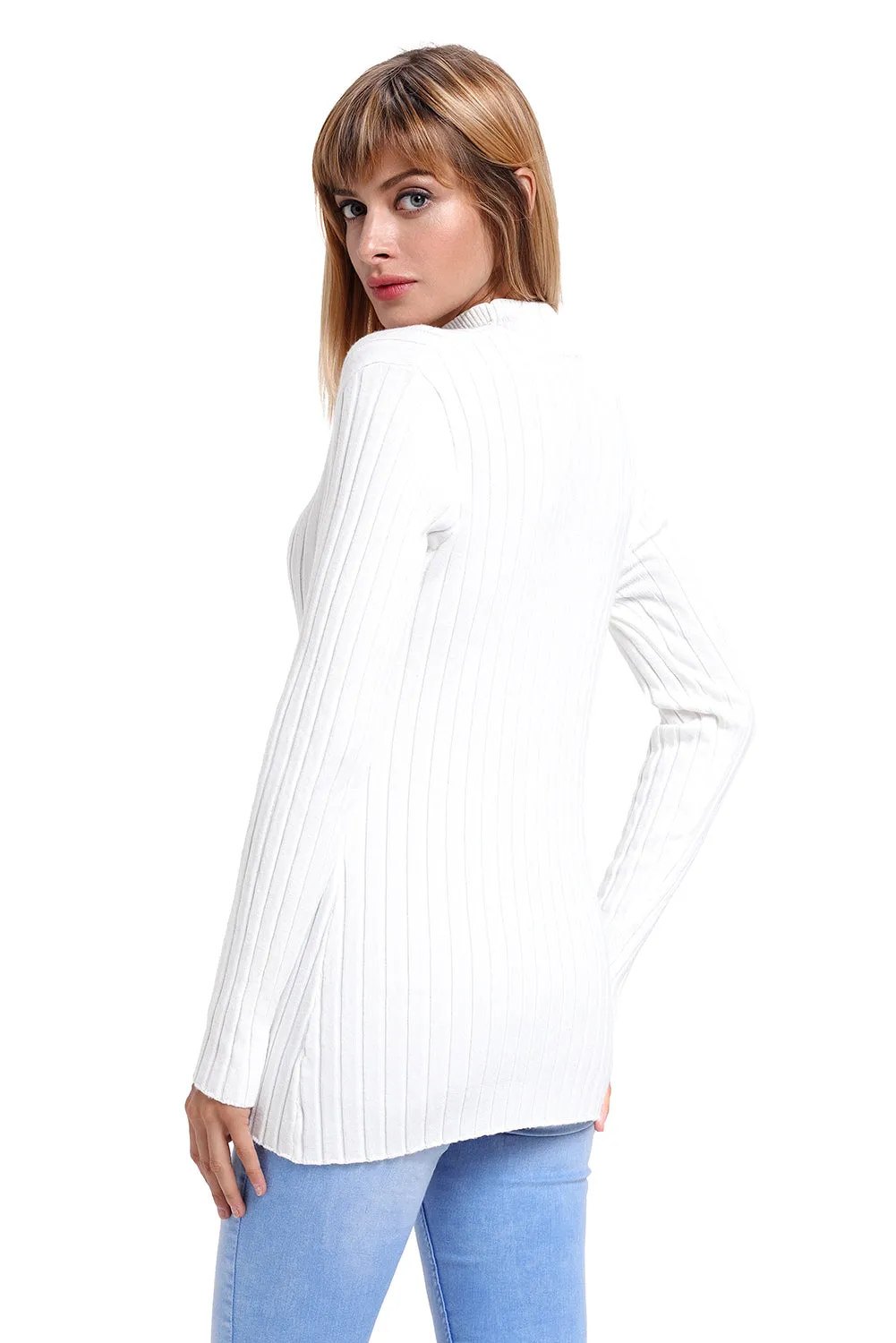 White Ribbed Choker Neck Sweater