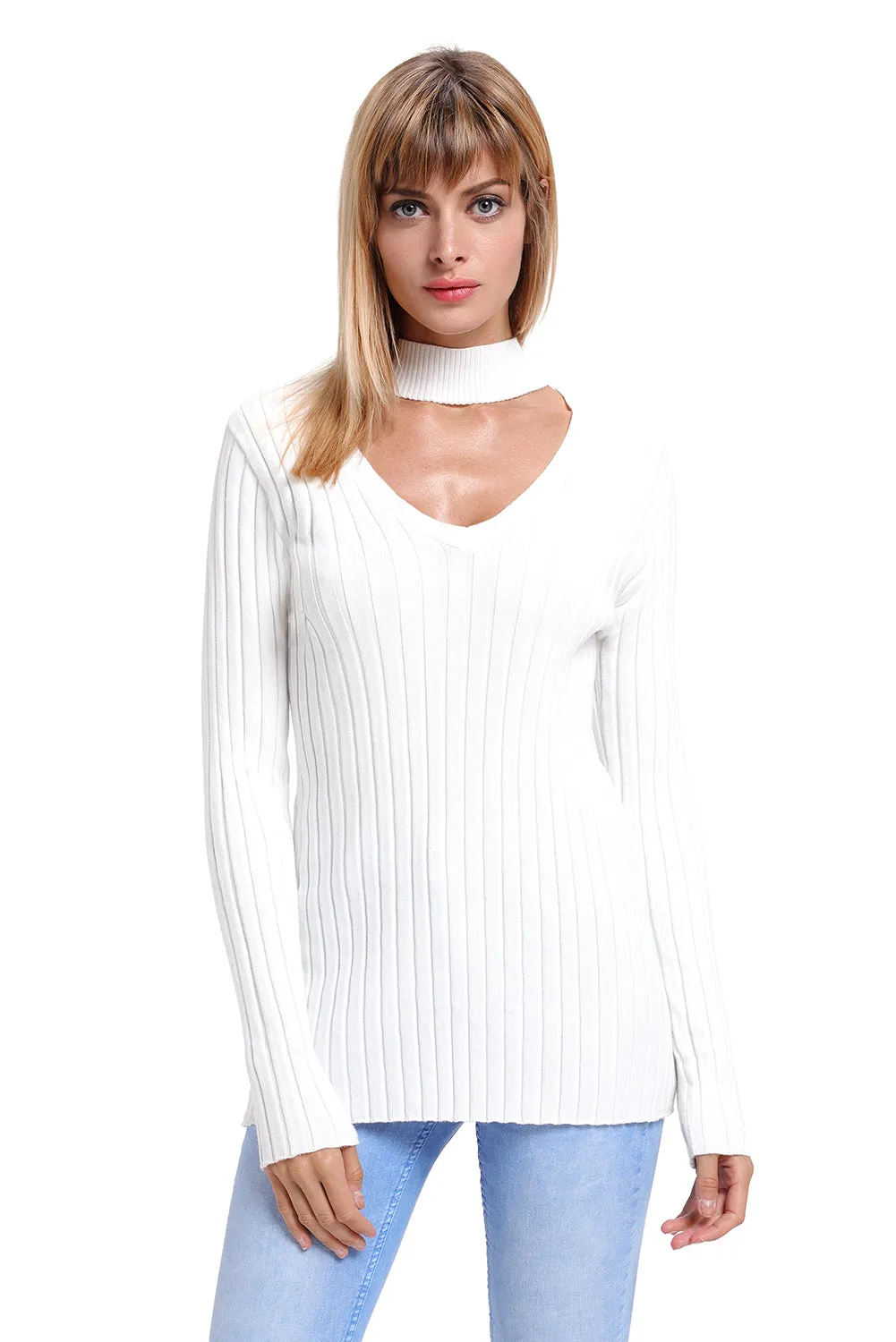 White Ribbed Choker Neck Sweater
