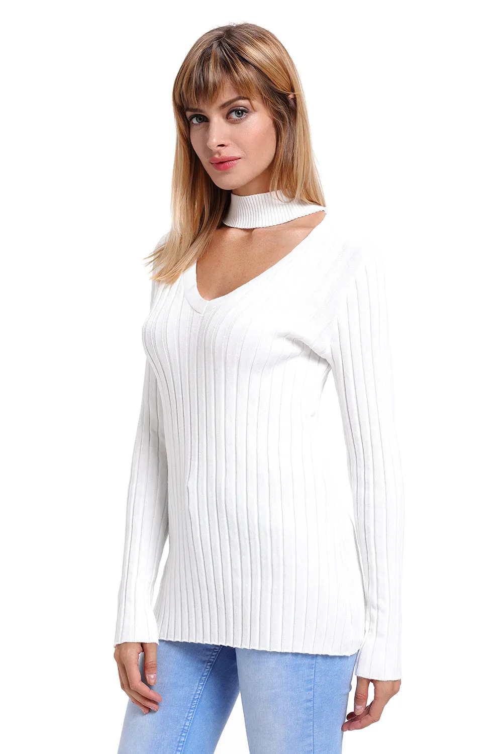 White Ribbed Choker Neck Sweater