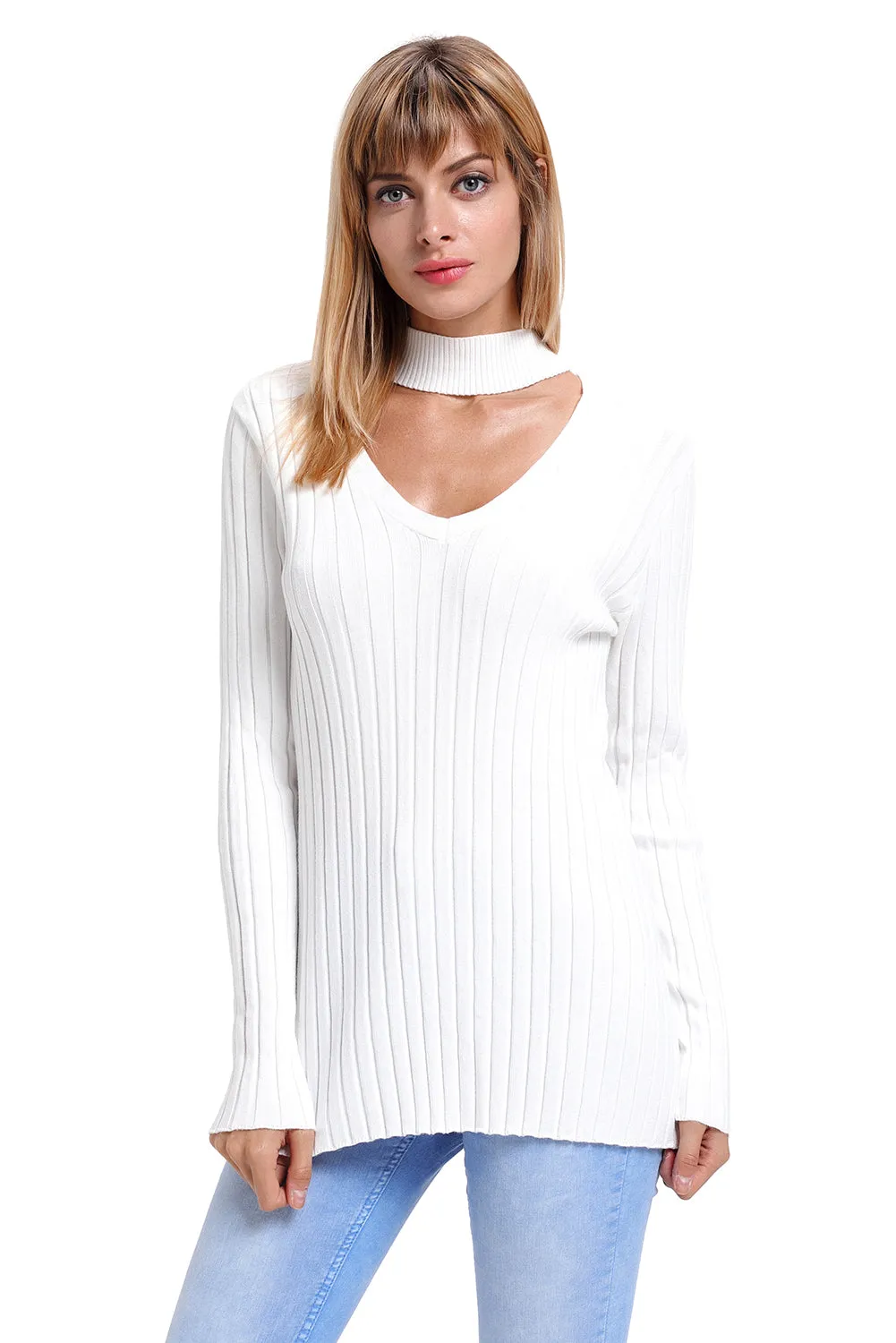 White Ribbed Choker Neck Sweater