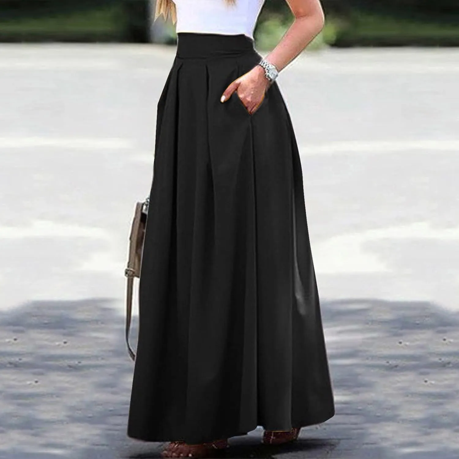 Women Spring Summer Pleated Maxi Skirt Elastic High Waisted A-Line Long Casual Loose Flowy Swing Skirt with Pockets
