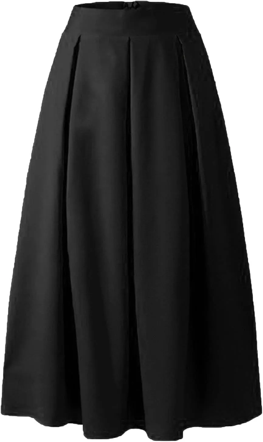 Women Spring Summer Pleated Maxi Skirt Elastic High Waisted A-Line Long Casual Loose Flowy Swing Skirt with Pockets