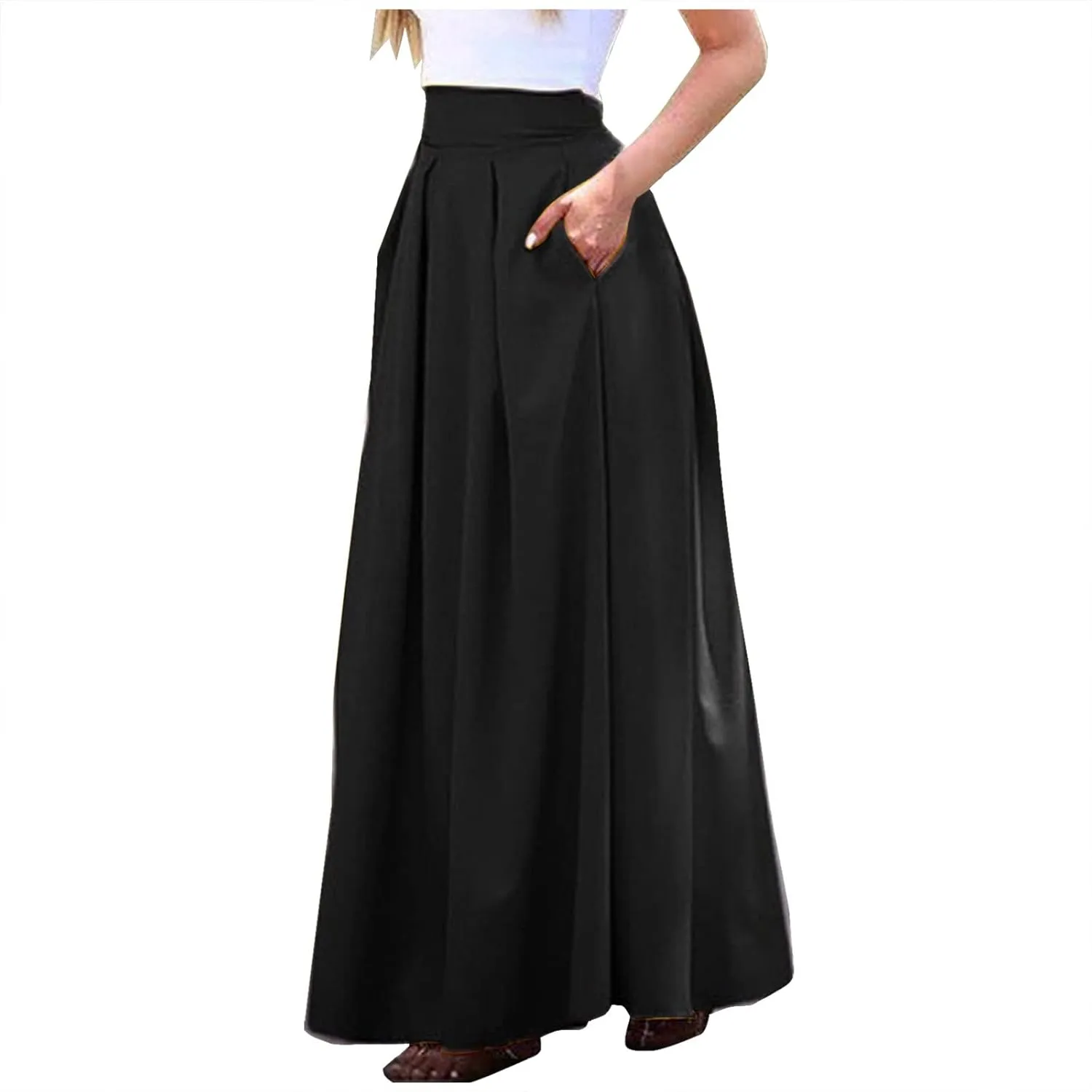Women Spring Summer Pleated Maxi Skirt Elastic High Waisted A-Line Long Casual Loose Flowy Swing Skirt with Pockets