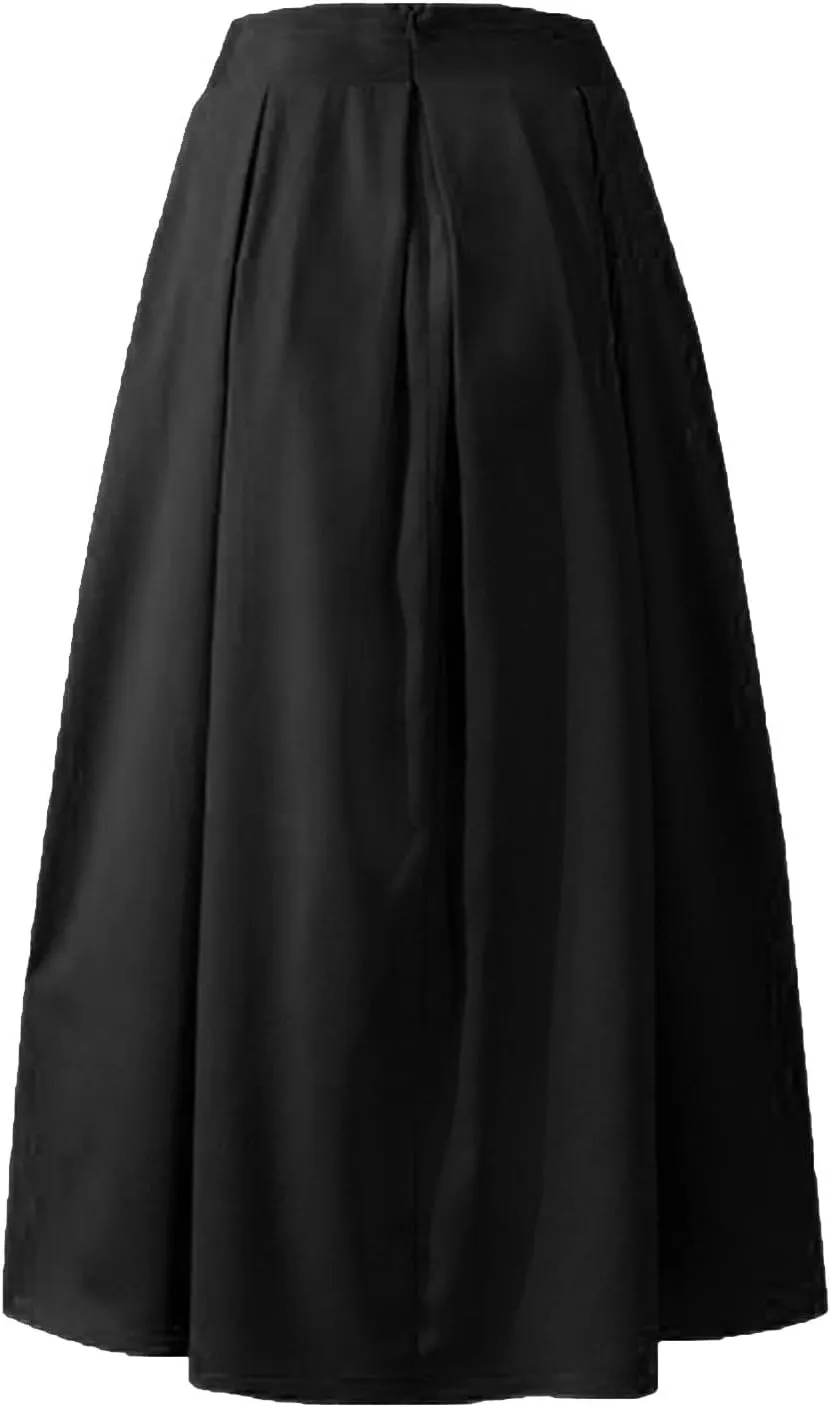 Women Spring Summer Pleated Maxi Skirt Elastic High Waisted A-Line Long Casual Loose Flowy Swing Skirt with Pockets