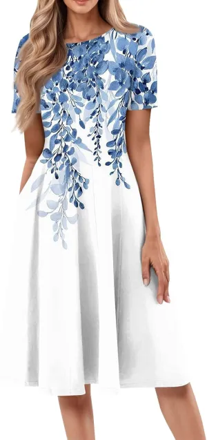 Womens Dresses 2025 Summer Midi Sun Dress Vacation Cinch Waist Crewneck Short Sleeve A Line Dress Side Pockets