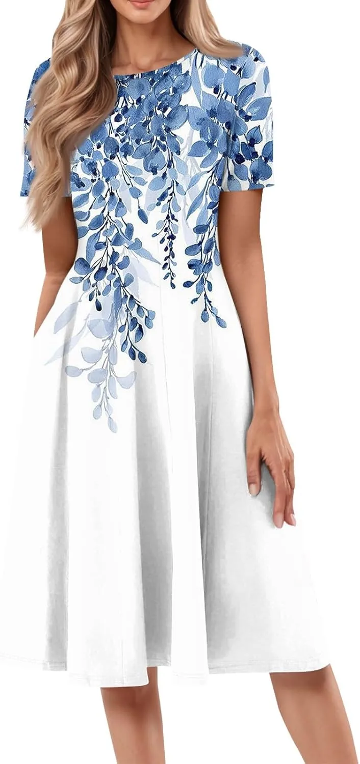 Womens Dresses 2025 Summer Midi Sun Dress Vacation Cinch Waist Crewneck Short Sleeve A Line Dress Side Pockets