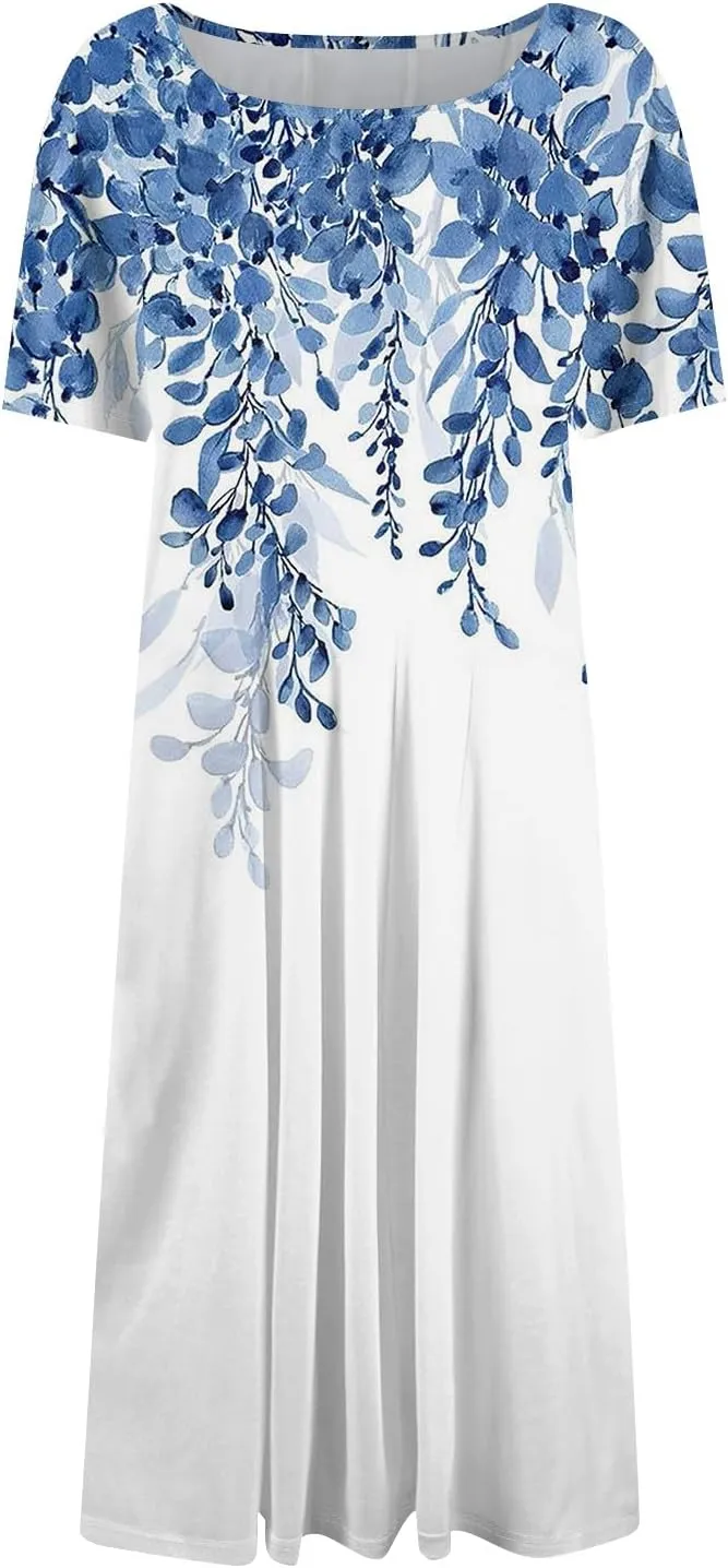 Womens Dresses 2025 Summer Midi Sun Dress Vacation Cinch Waist Crewneck Short Sleeve A Line Dress Side Pockets