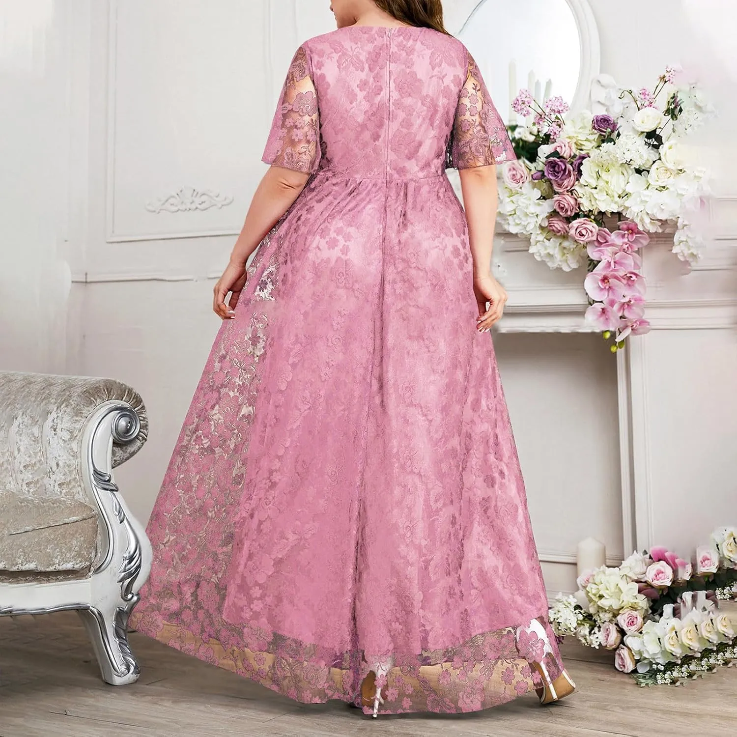 Women's Plus Size Lace Dresses V Neck Formal Dresses Evening Gowns Wedding Guest Embroidery Prom Long Dress