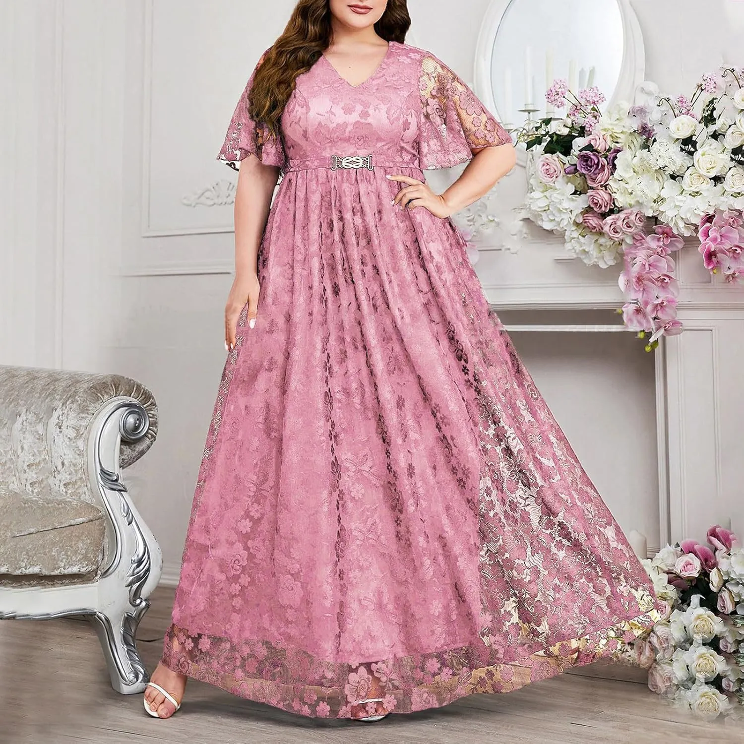 Women's Plus Size Lace Dresses V Neck Formal Dresses Evening Gowns Wedding Guest Embroidery Prom Long Dress