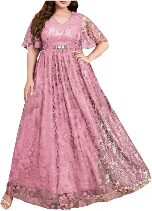 Women's Plus Size Lace Dresses V Neck Formal Dresses Evening Gowns Wedding Guest Embroidery Prom Long Dress