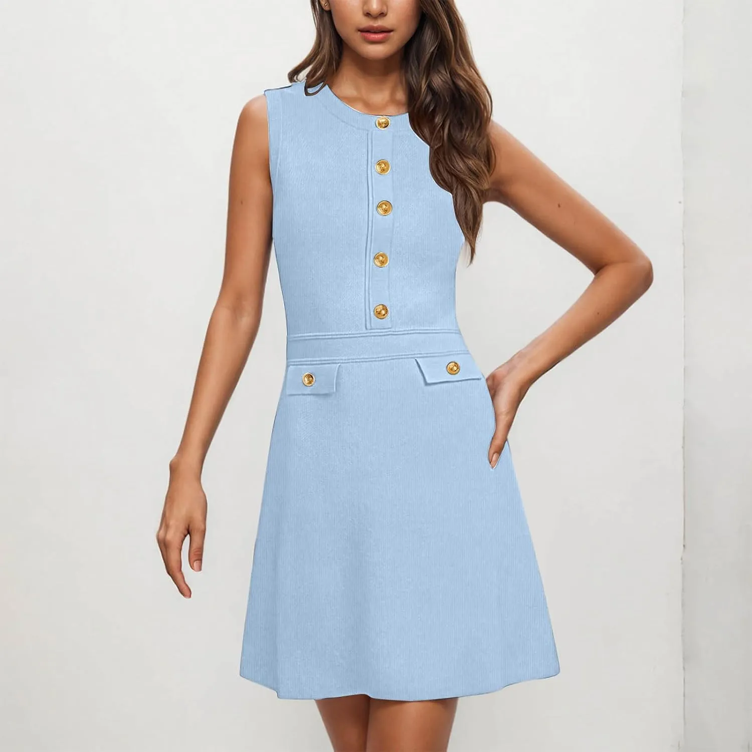Women's Sleeveless A-Line Dress 2025 Summer Button Elegant Mini Dresses Slim Wear to Work Business Office Dress