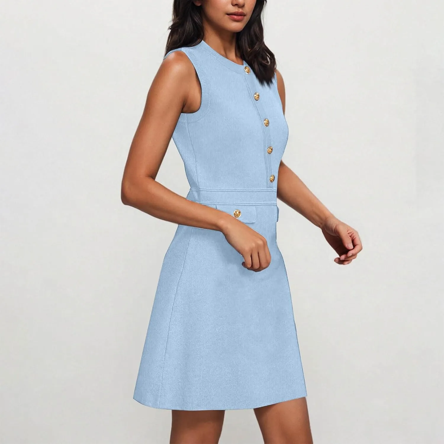 Women's Sleeveless A-Line Dress 2025 Summer Button Elegant Mini Dresses Slim Wear to Work Business Office Dress