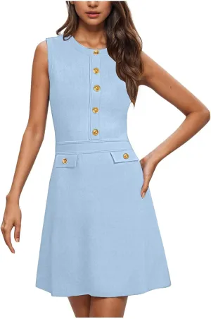 Women's Sleeveless A-Line Dress 2025 Summer Button Elegant Mini Dresses Slim Wear to Work Business Office Dress