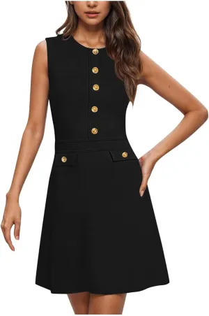Women's Sleeveless A-Line Dress 2025 Summer Button Elegant Mini Dresses Slim Wear to Work Business Office Dress