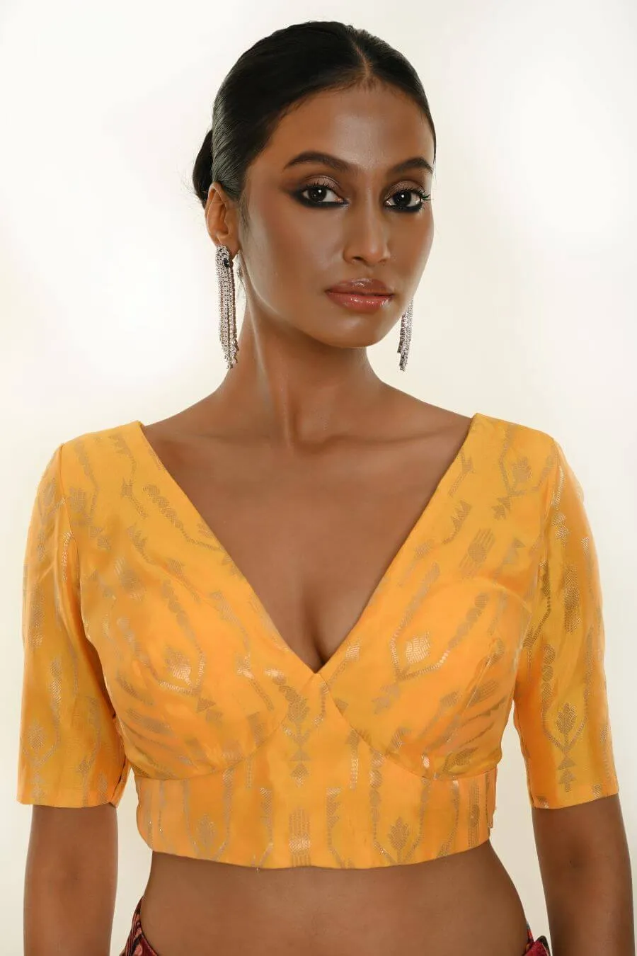 Yellow Brocade Silk Blouse for Women with V-Neckline