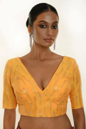 Yellow Brocade Silk Blouse for Women with V-Neckline