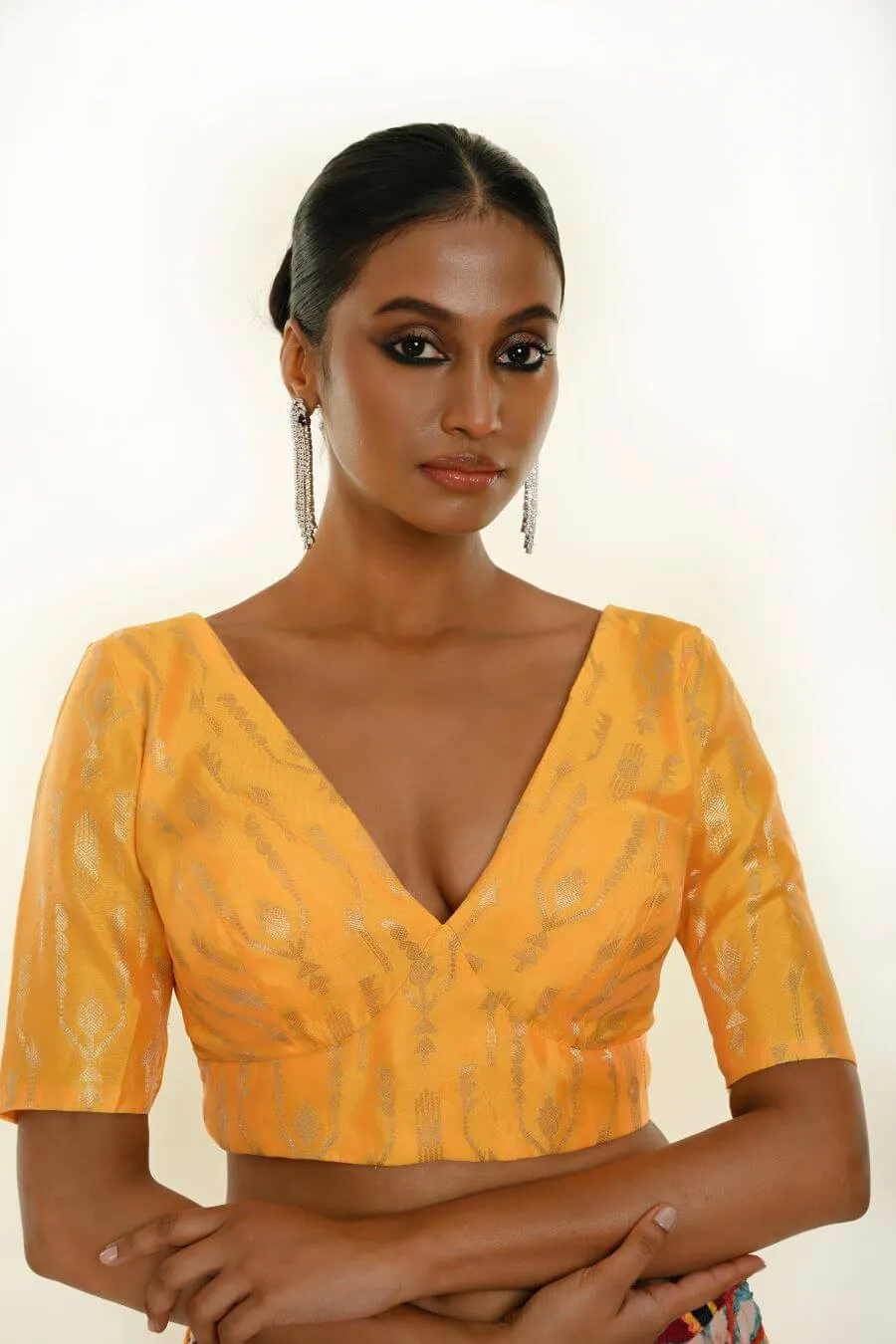Yellow Brocade Silk Blouse for Women with V-Neckline