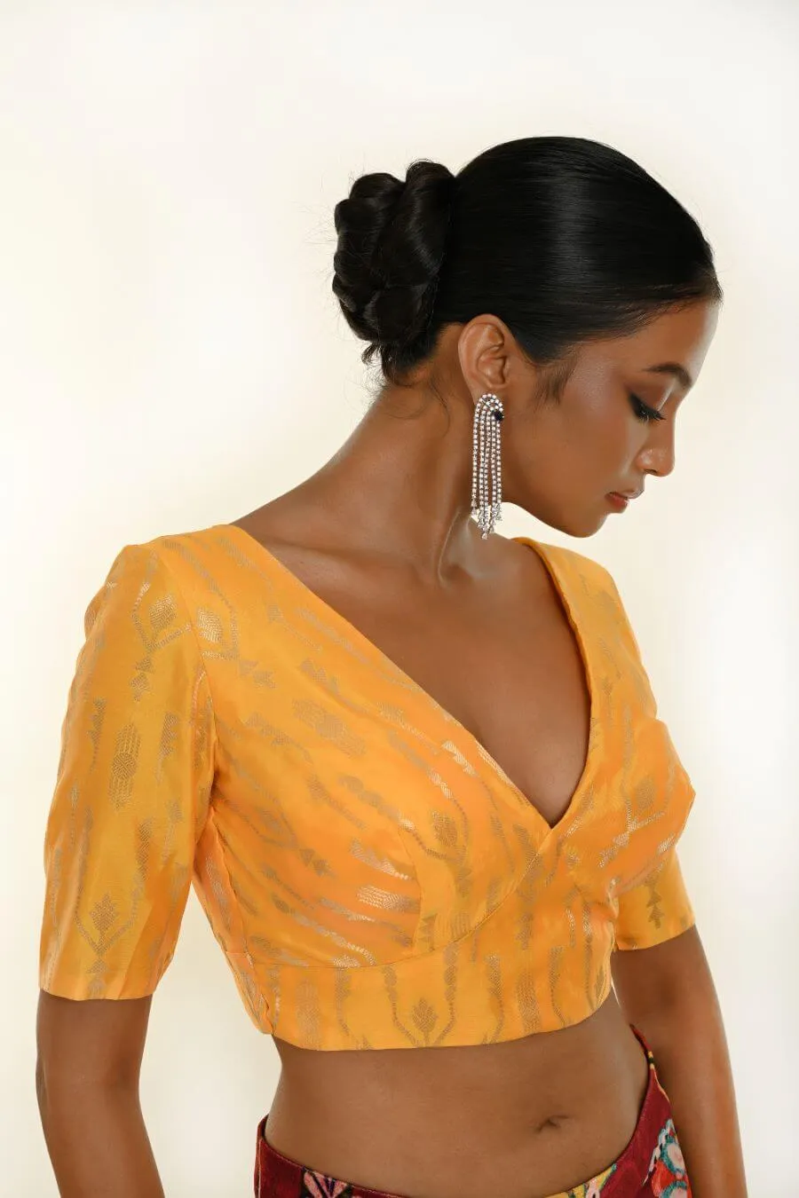 Yellow Brocade Silk Blouse for Women with V-Neckline
