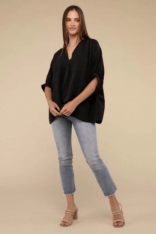 Zenana Casual Woven Airflow V-Neck Puff Half Sleeve Oversized Top
